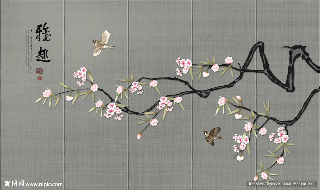 新中式手绘玉兰花鸟电视背景墙