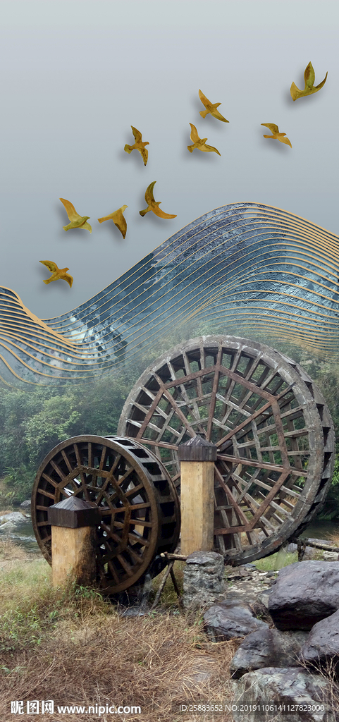 水车山水飞鸟高清玄关背景