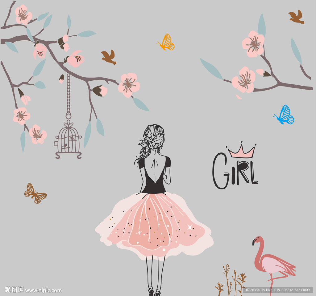 女孩 梅花 鹅 鸟笼 对角花