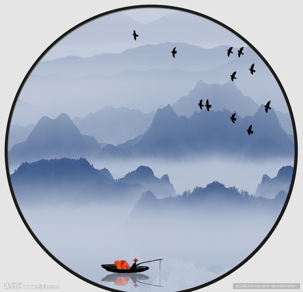 圆形新中式禅意水墨山水画