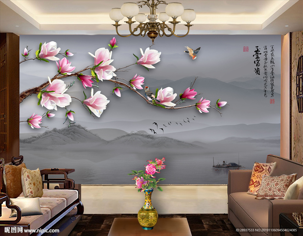 原创玉兰花鸟玉堂富贵背景墙