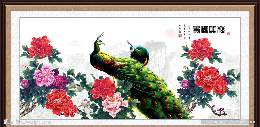 孔雀牡丹装饰画