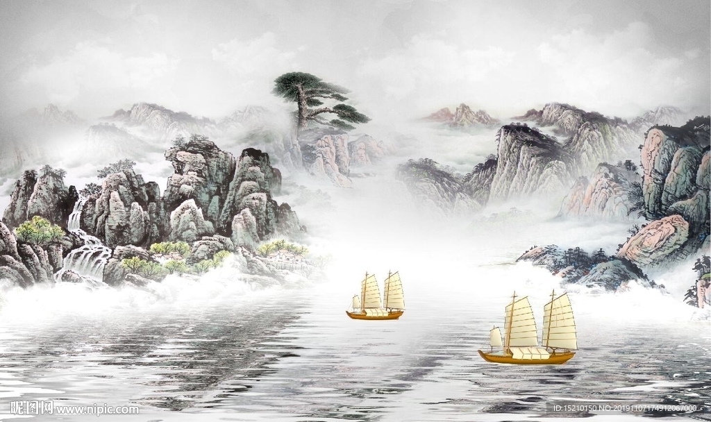 迎客松山水电视背景墙