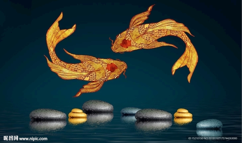 鲤鱼鹅卵石电视背景墙