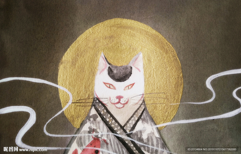 日式浮世绘猫咪背景墙