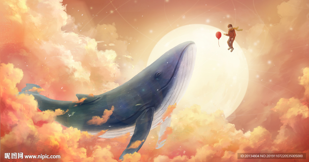 鲸鱼天空唯美背景墙