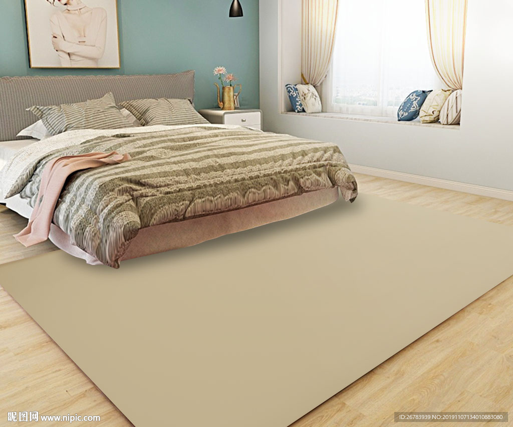 北欧卧室床边毯样机贴图