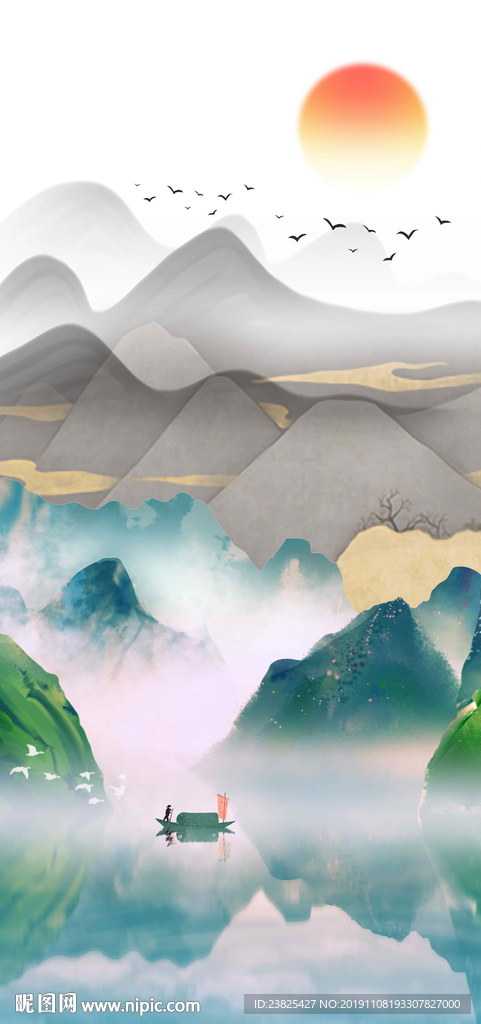 新中式抽象水墨山水意境玄关背景