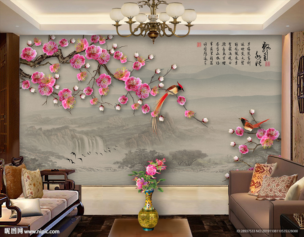 原创梅花喜鹊山水装饰画背景墙