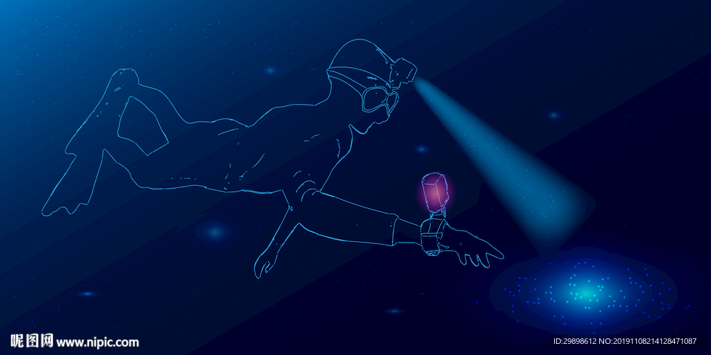 蓝色海洋头带探照灯的潜水员