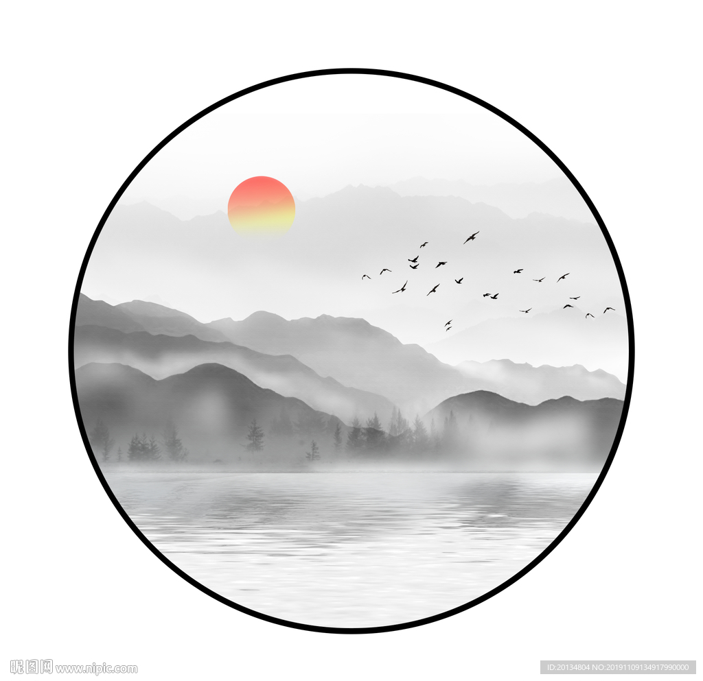 古风水墨山水飞鸟落日元素无框画