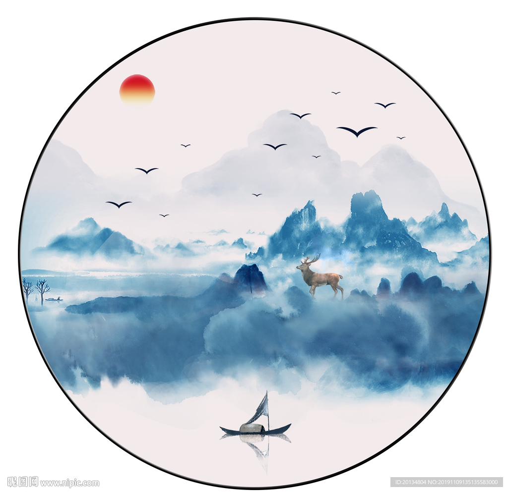 中式蓝色泼墨意境山水手绘