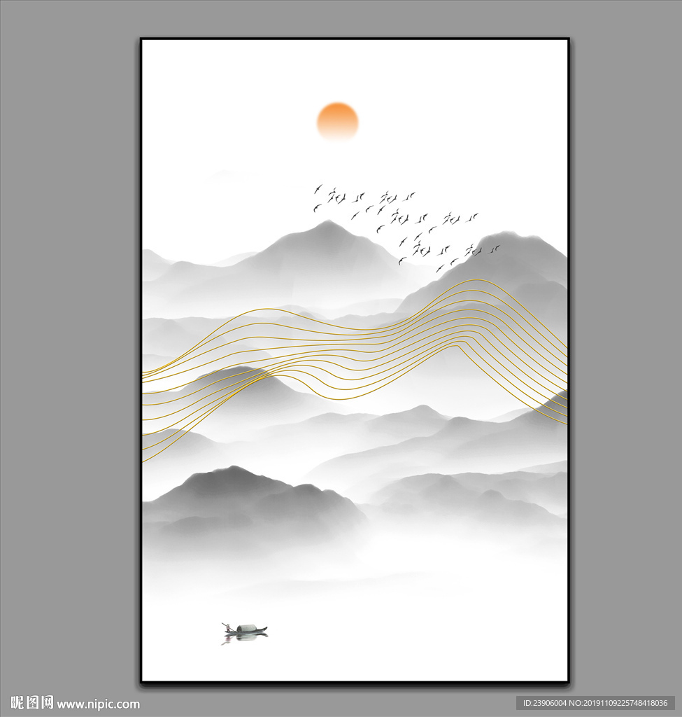 线条山水 黑白山水画 玄关山水