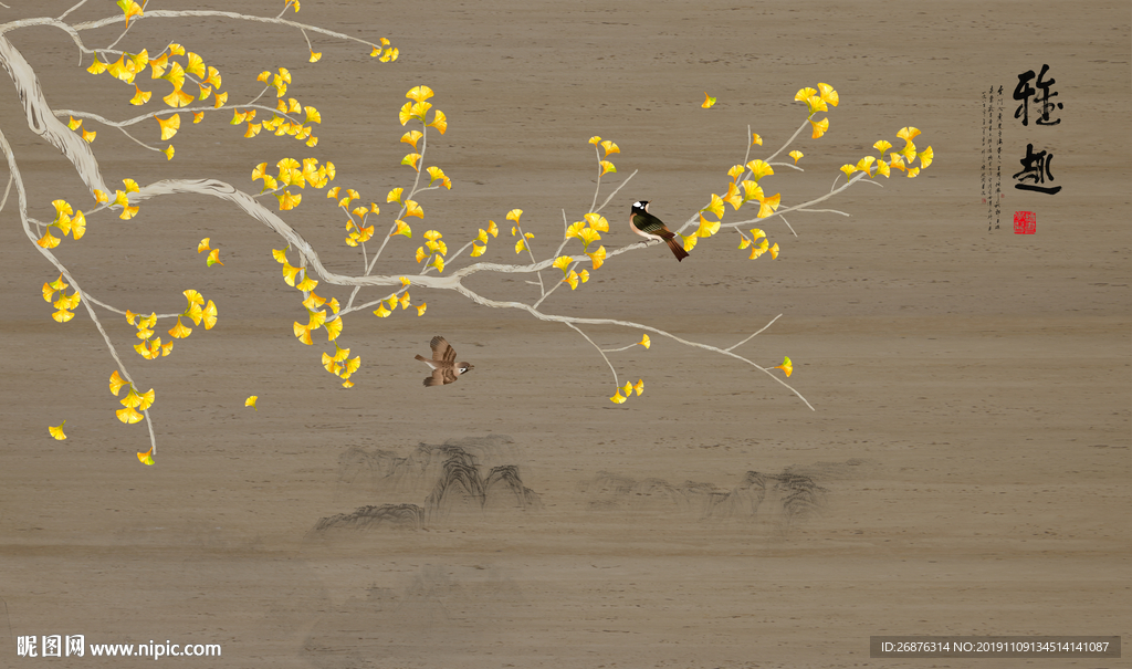 新中式手绘银杏花鸟背景墙