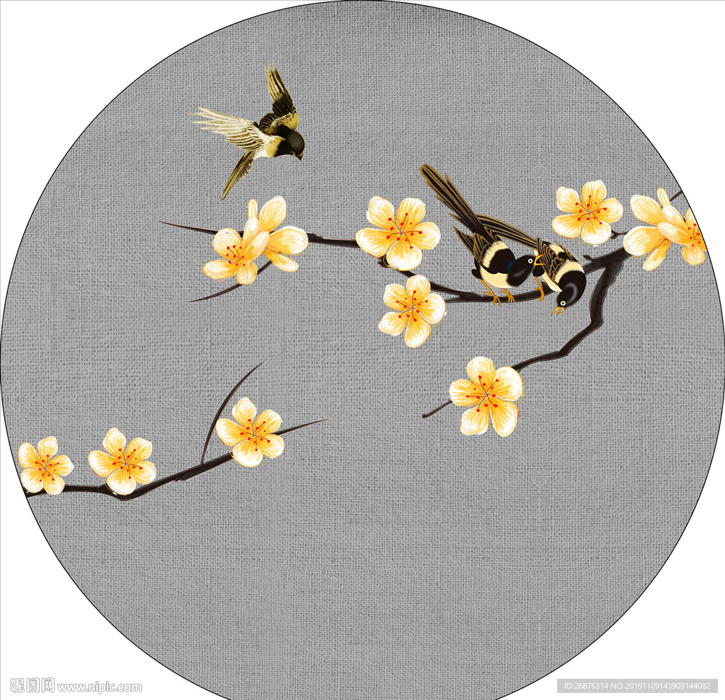 新中式手绘花鸟圆框画装饰画