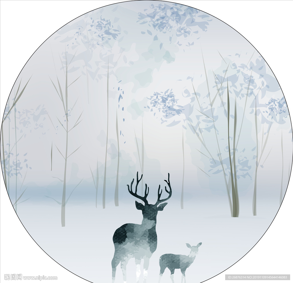 北欧现代抽象麋鹿森林圆框装饰画