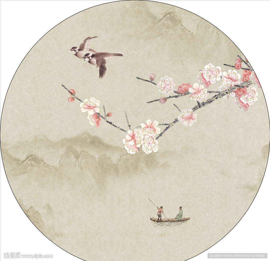 新中式手绘梅花圆框装饰画