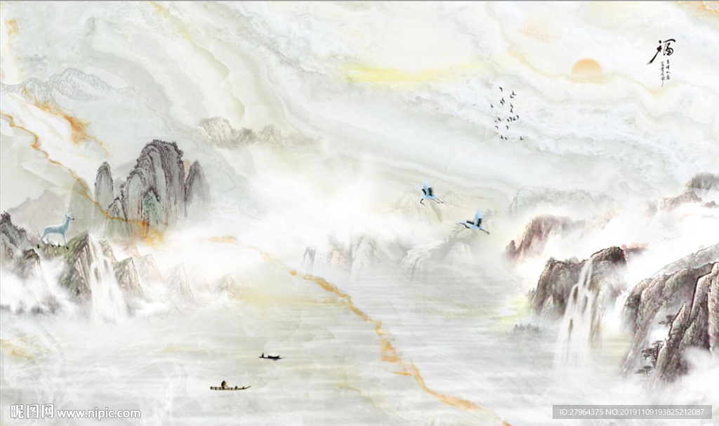 新中式瀑布山水大理石背景墙