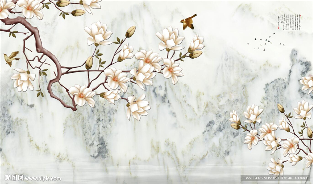 新中式山水花鸟大理石背景墙