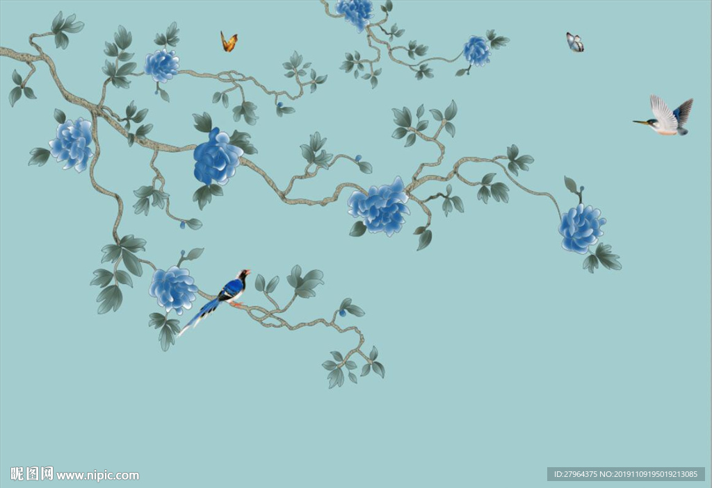 新中式花鸟电视背景墙