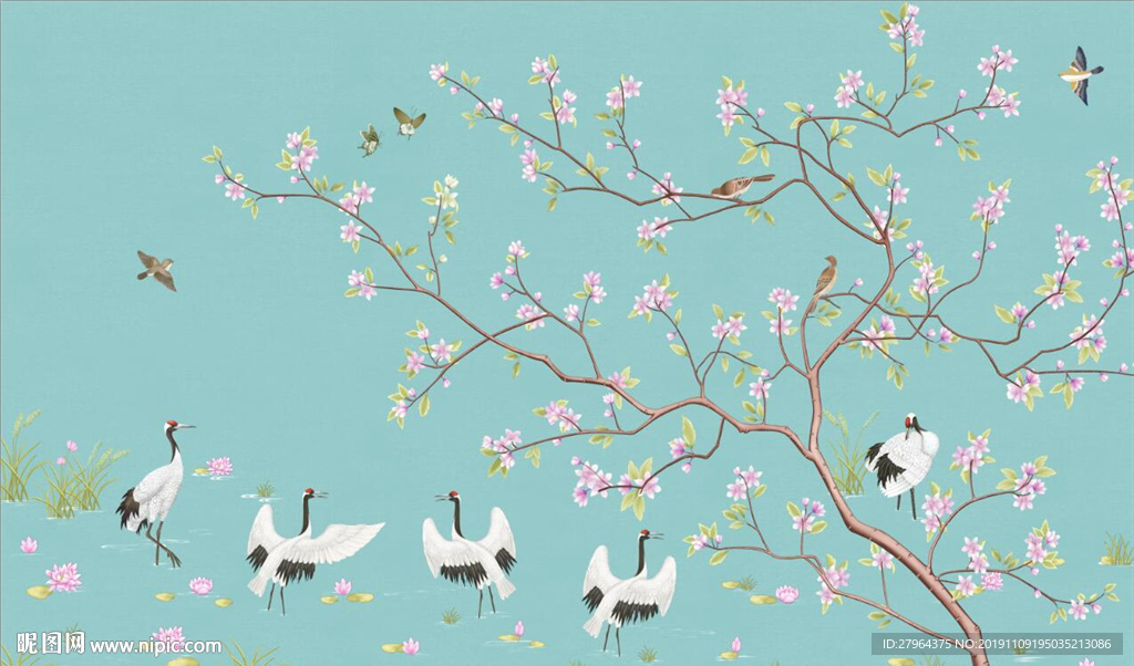 新中式鸟鹤嬉游电视背景墙