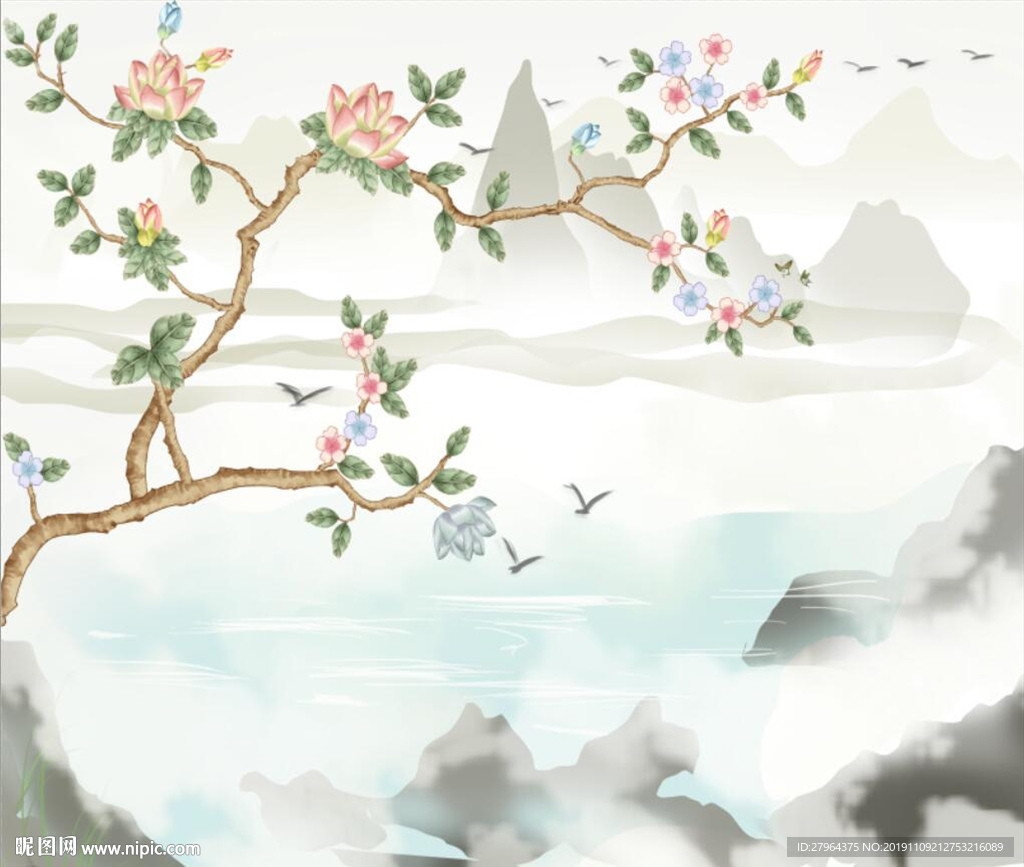 新中式温泉花鸟电视背景墙