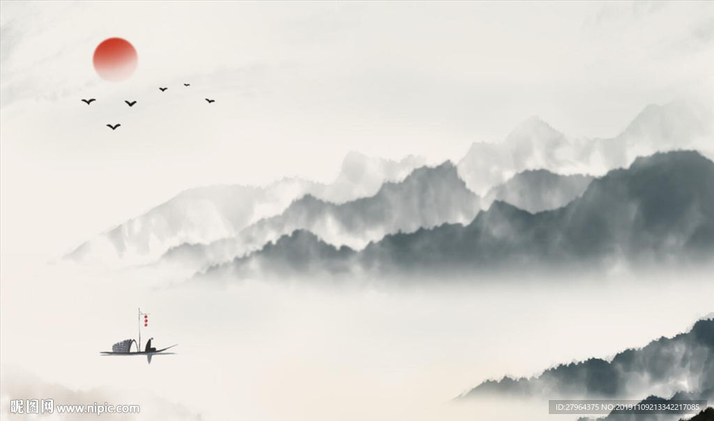 中式手绘抽象山水画背景墙