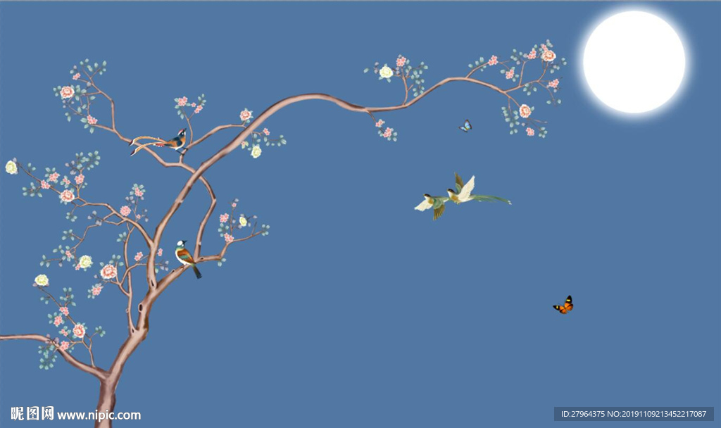 中式手绘花鸟图电视机背景墙