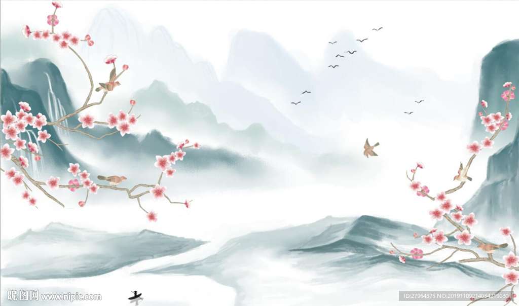 中式手绘水墨背景花鸟背景墙