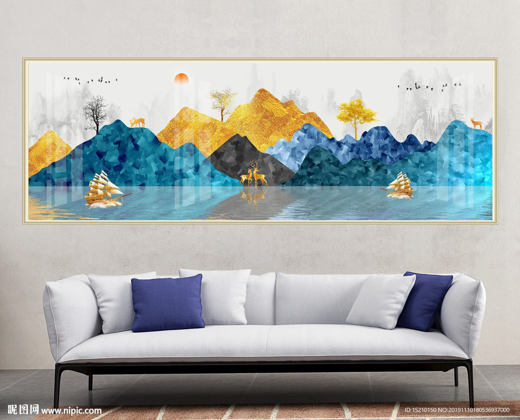 金色山水抽象树装饰画