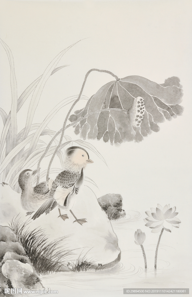 装饰画古典荷叶荷花鸳鸯水墨画