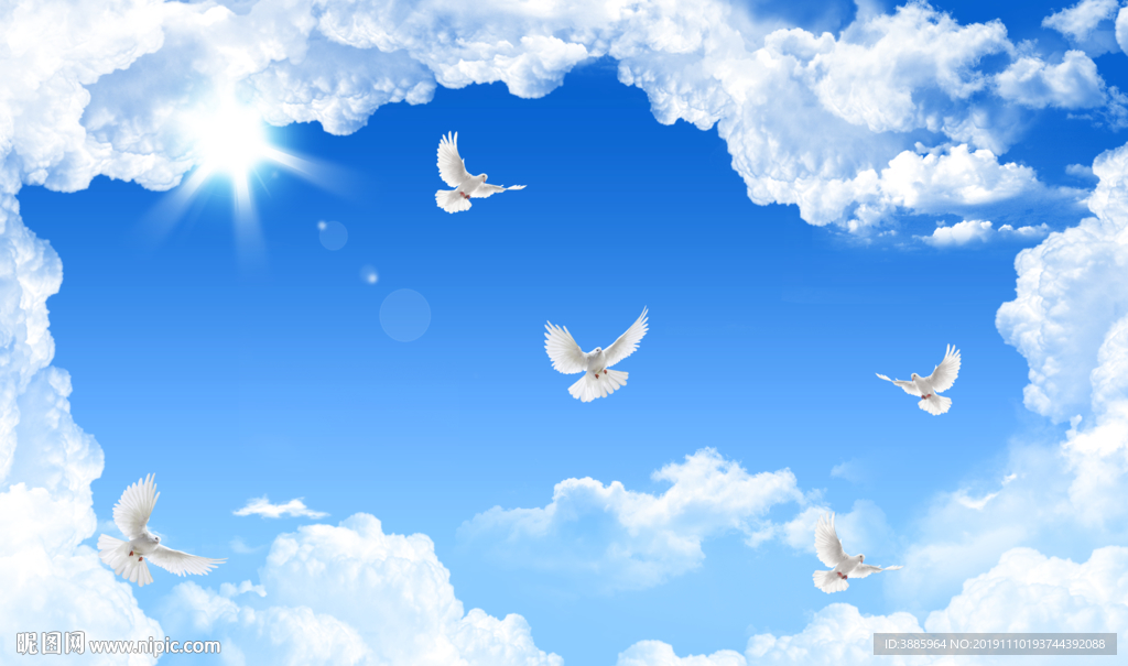 蓝天白鸽花朵吊顶背景图片