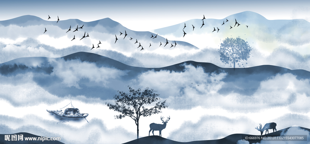 新中式意境蓝色云雾山水装饰画