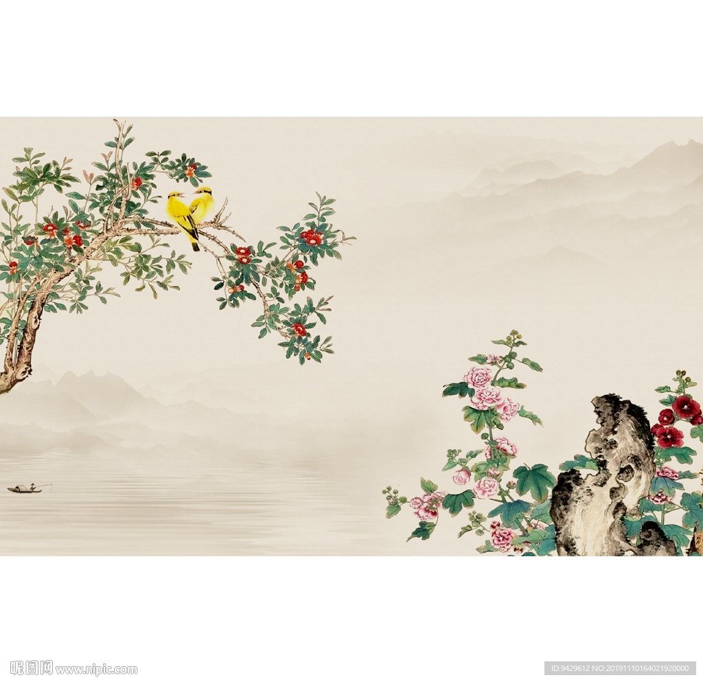 花香鸟语花鸟山水背景墙
