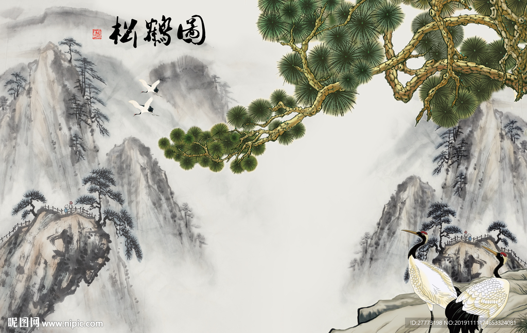 松鹤图中式背景墙