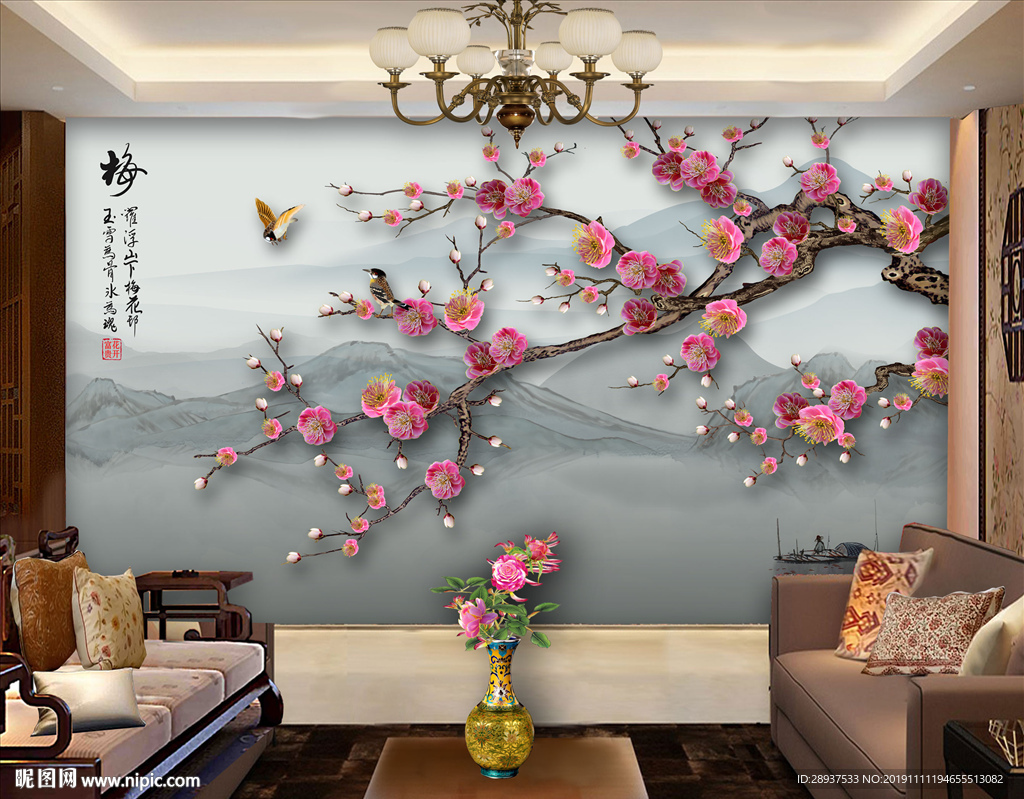 原创手绘梅花花鸟装饰画背景墙