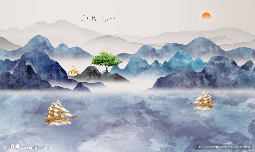 水墨山水帆船电视背景墙