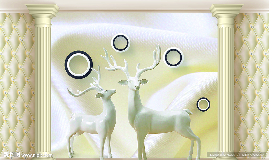 罗马柱软包麋鹿3D电视背景墙