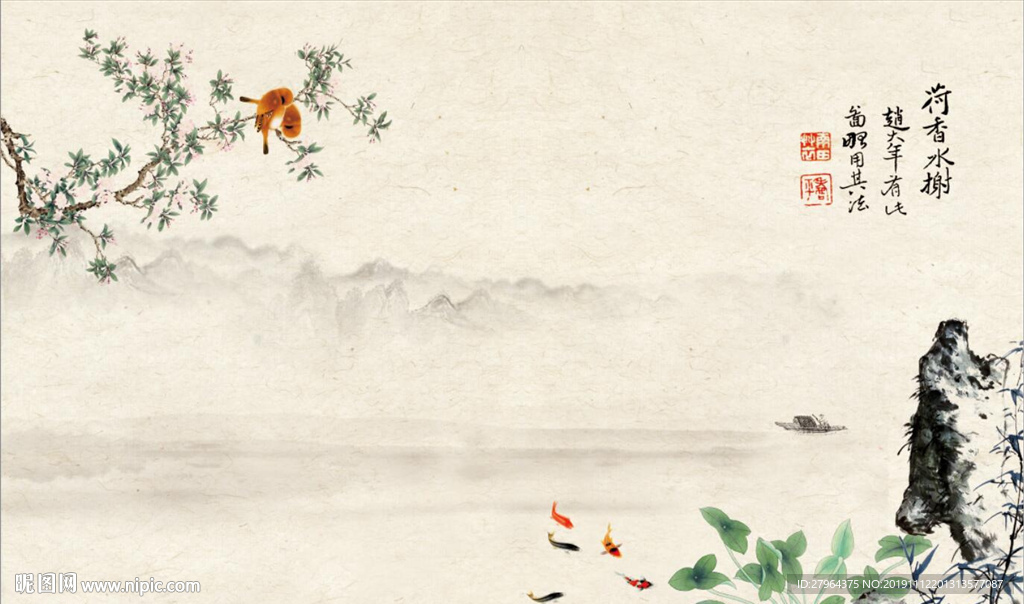 中式水墨山水花鸟电视背景墙