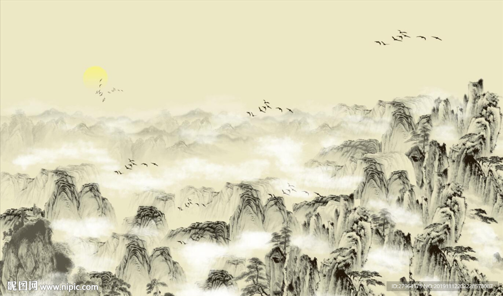 中式手绘意境水墨山水电视背景墙