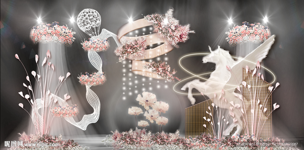 梦幻开放舞台飞马花朵水晶球婚礼