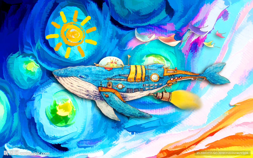 手绘梦幻星空鲸鱼儿童房背景墙