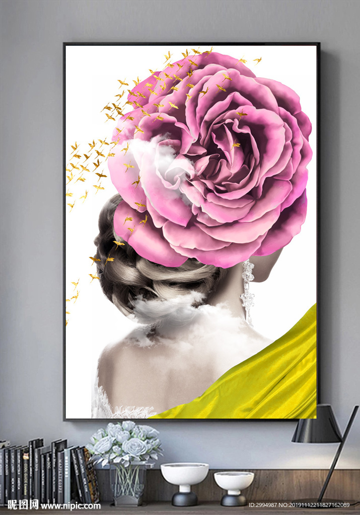 美女鲜花金箔飞鸟装饰画