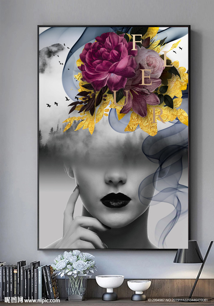 美女花朵线条抽象装饰画