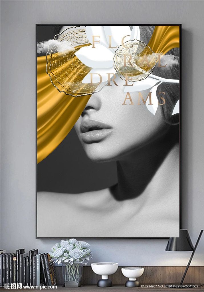 美女金箔花朵抽象黑白装饰画