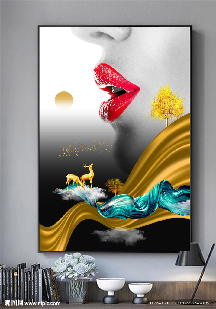 美女红唇抽象麋鹿装饰画