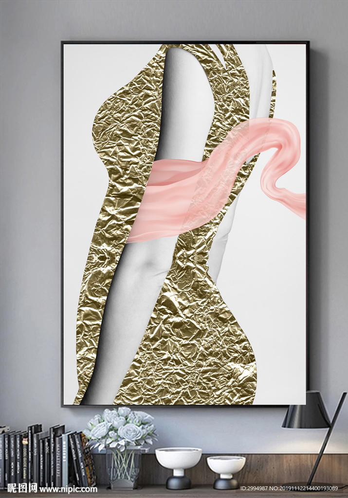 美女花朵金箔黑白装饰画