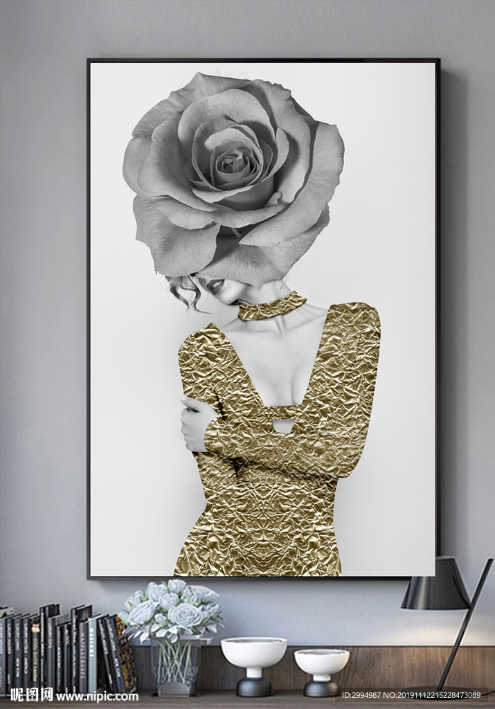 美女花朵金箔黑白装饰画