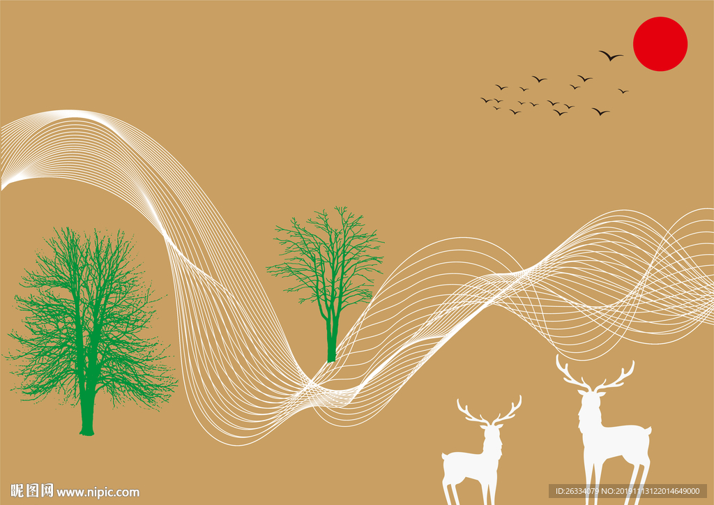 树木 鹿 线 山水 鸟