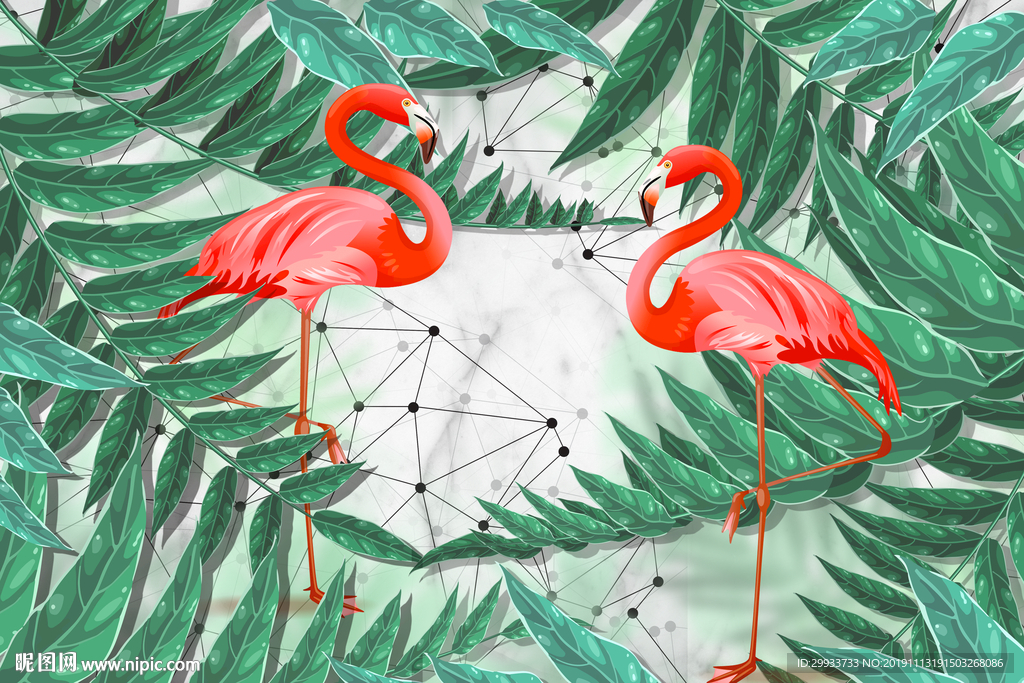 北欧简约大理石火烈鸟植物背景墙